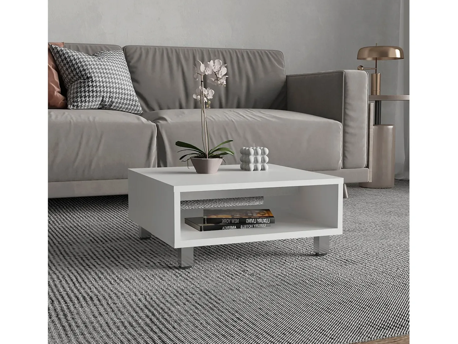 Mesa de centro Eclipse em melamina com prateleiras inferiores e 4 pés, branca, 26.9 cm X 60 cm X 60 cm