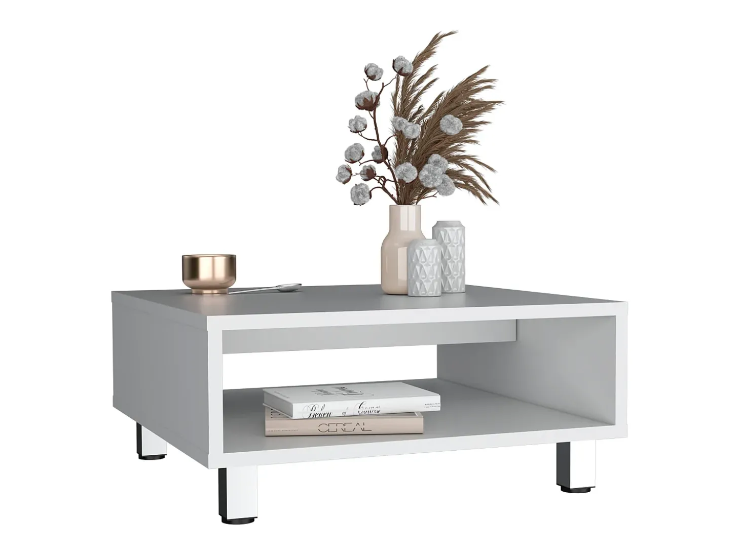 Mesa de centro Eclipse em melamina com prateleiras inferiores e 4 pés, branca, 26.9 cm X 60 cm X 60 cm