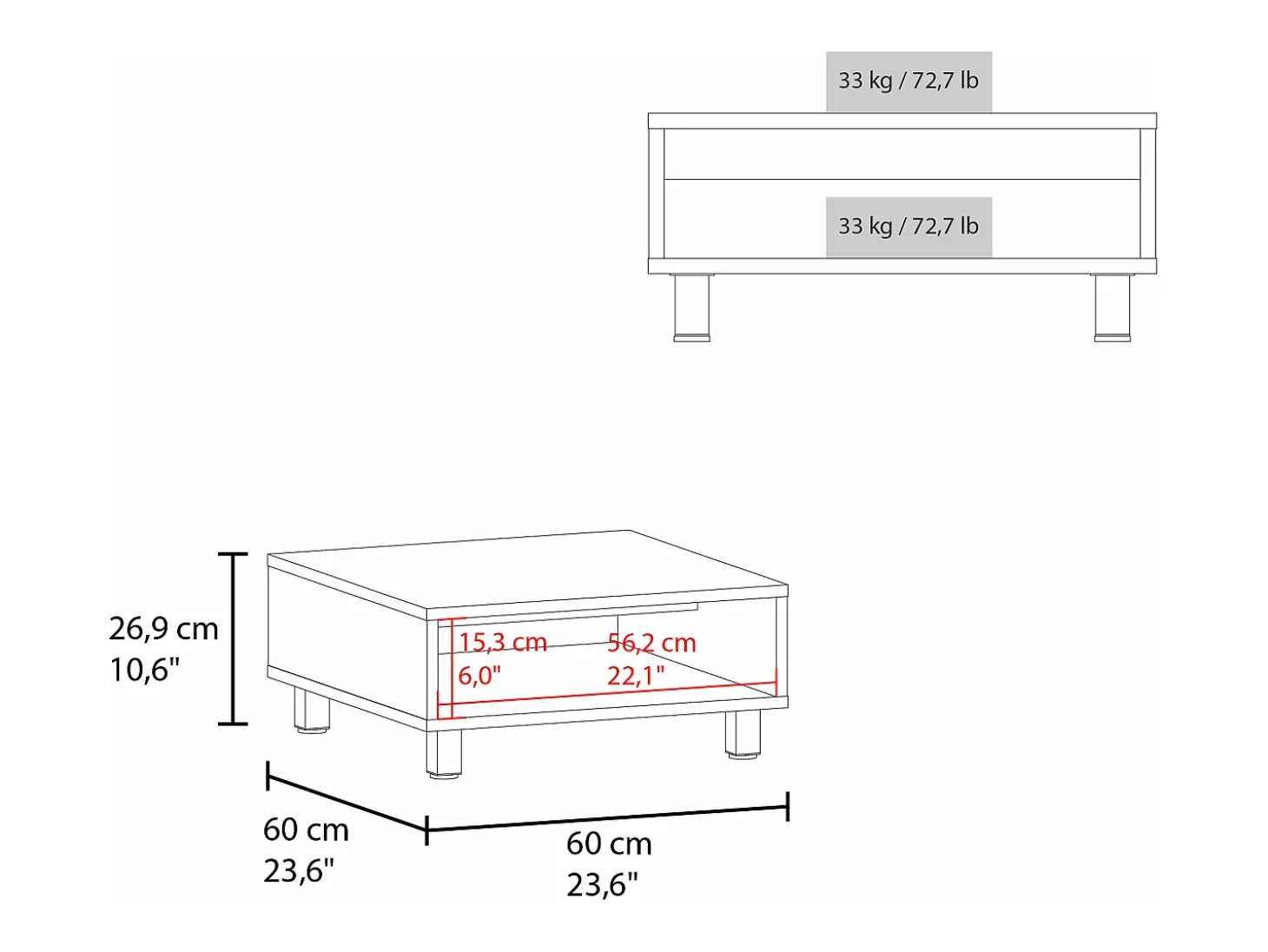Mesa de centro Eclipse em melamina com prateleiras inferiores e 4 pés, branca, 26.9 cm X 60 cm X 60 cm