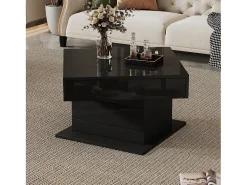 Mesa de centro elevatória 70x70x45cm - Tampos giratórios 360° - com 1 gaveta - Armazenamento oculto - Acabamento brilhante - Preto