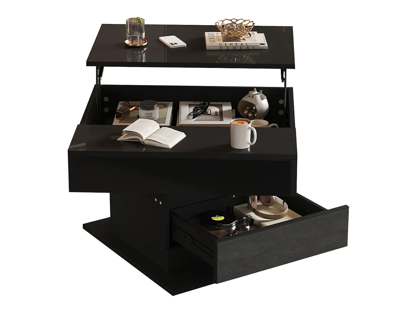 Mesa de centro elevatória 70x70x45cm - Tampos giratórios 360° - com 1 gaveta - Armazenamento oculto - Acabamento brilhante - Preto