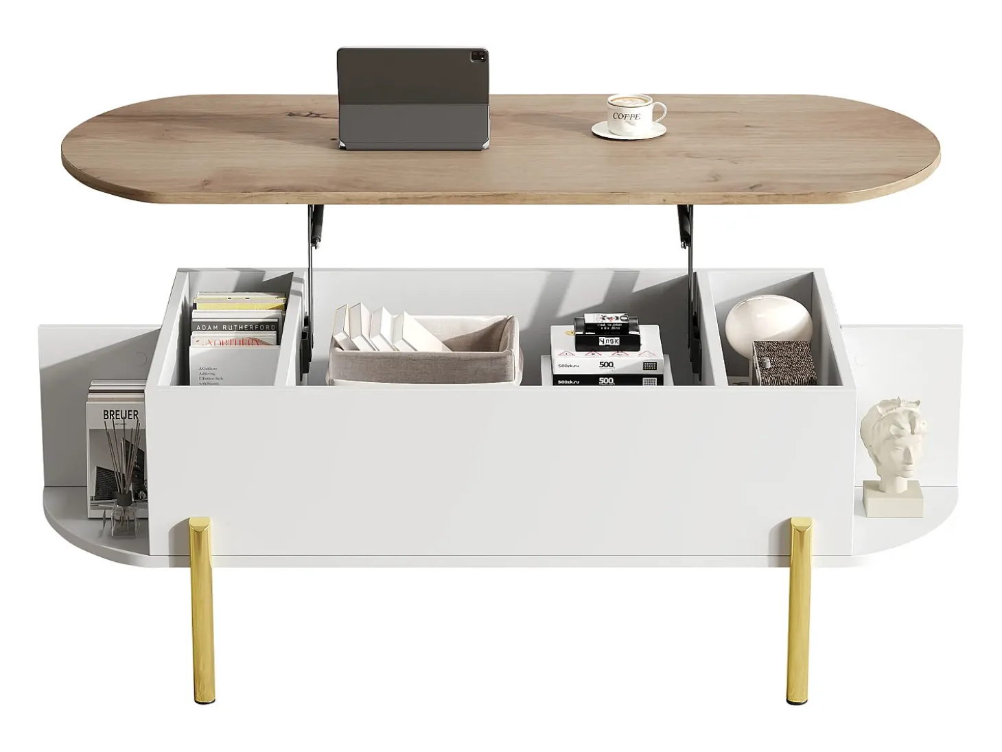 Mesa de centro elevatória 120x50x43 cm - com armazenamento - Pés de metal - MDF - Branco + Natural