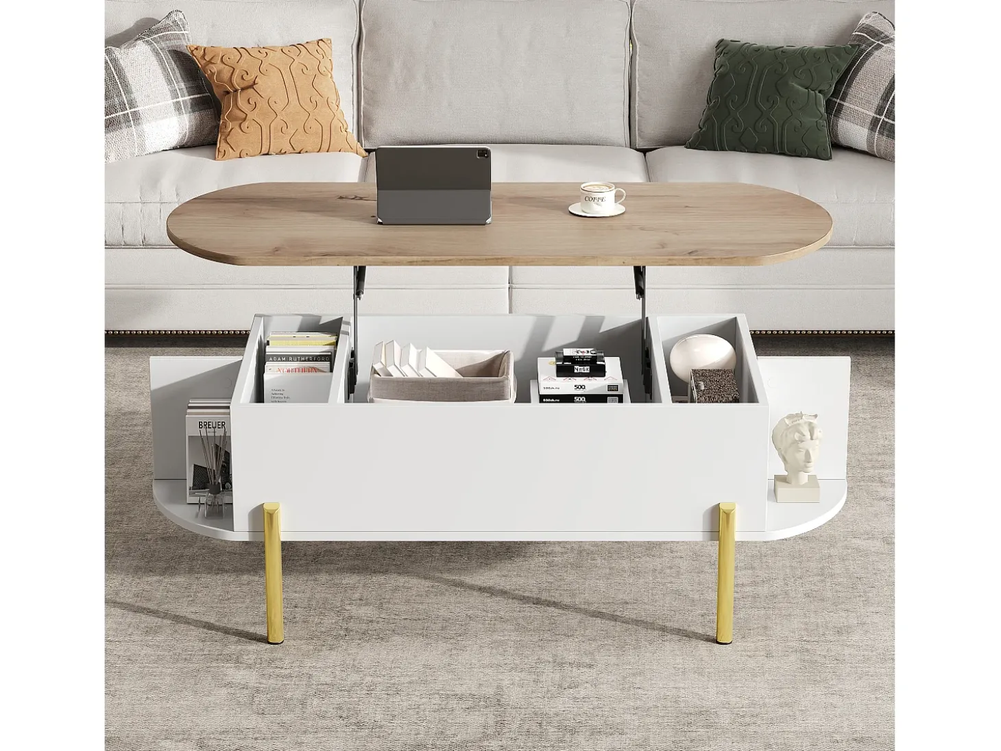 Mesa de centro elevatória 120x50x43 cm - com armazenamento - Pés de metal - MDF - Branco + Natural