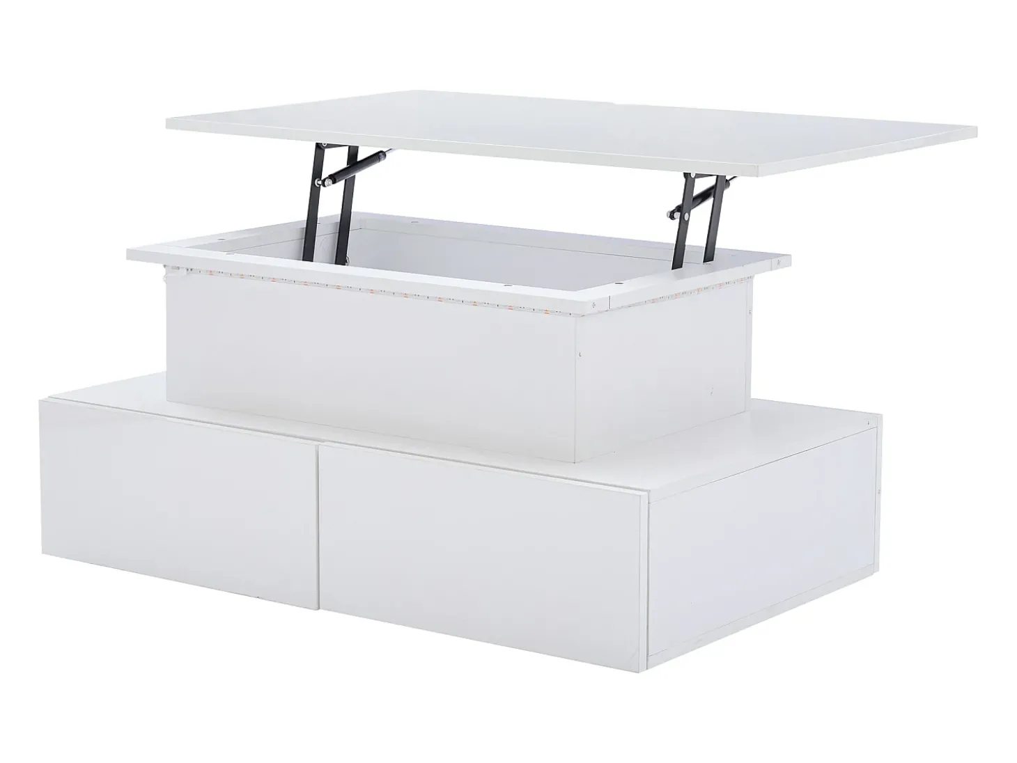Mesa de centro elevatória 90x55x41-54cm com 4 gavetas, corpo lacado branco, LED incluído