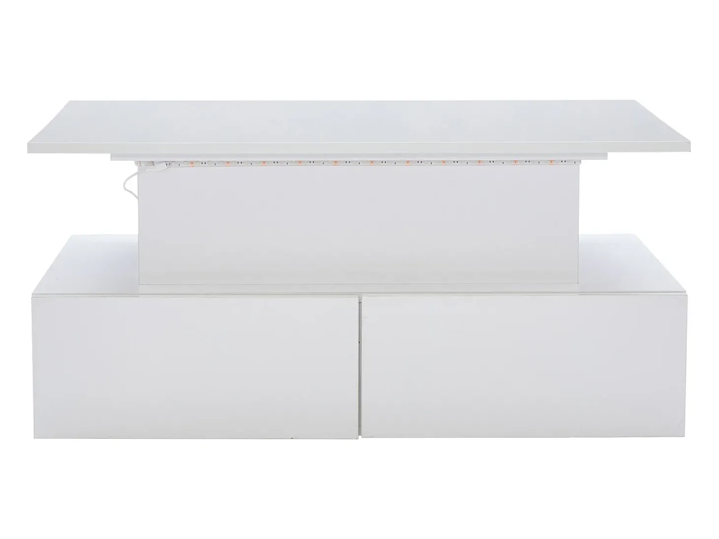 Mesa de centro elevatória 90x55x41-54cm com 4 gavetas, corpo lacado branco, LED incluído