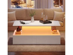 Mesa de centro elevatória 90x55x41-54cm com 4 gavetas, corpo lacado branco, LED incluído