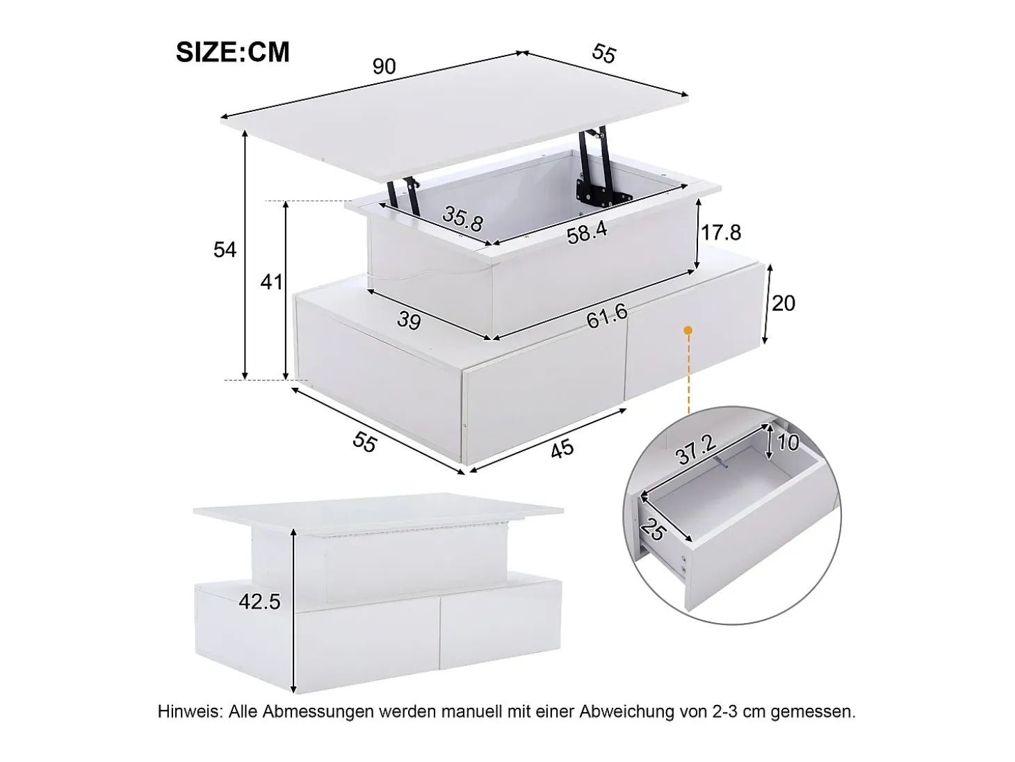 Mesa de centro elevatória 90x55x41-54cm com 4 gavetas, corpo lacado branco, LED incluído