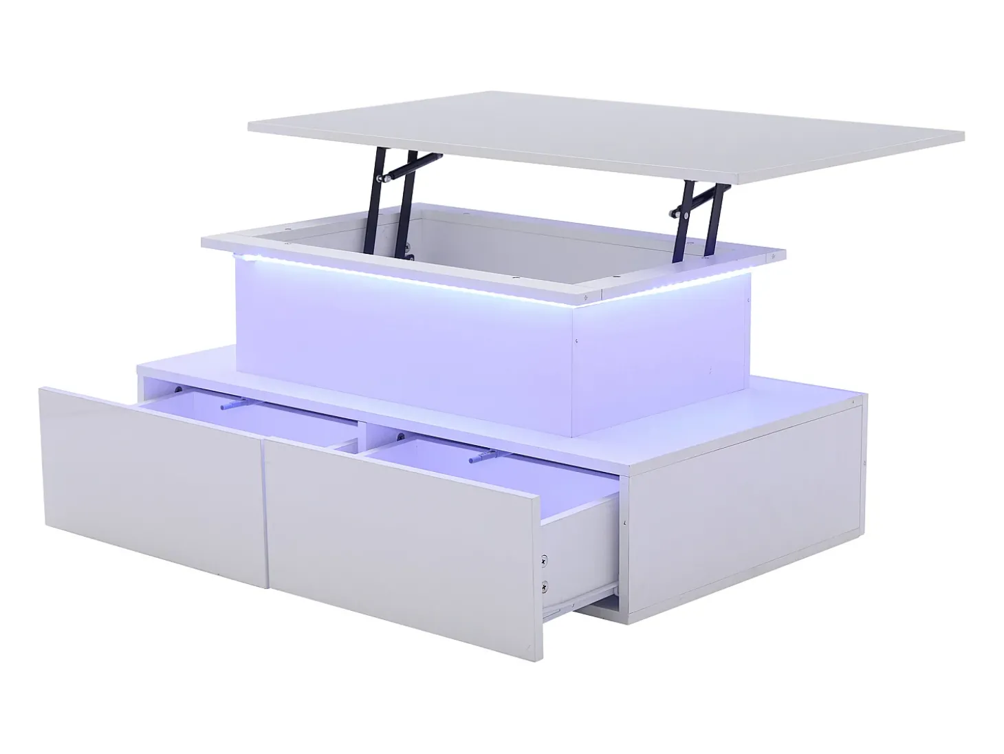 Mesa de centro elevatória 90x55x41-54cm com 4 gavetas, corpo lacado branco, LED incluído