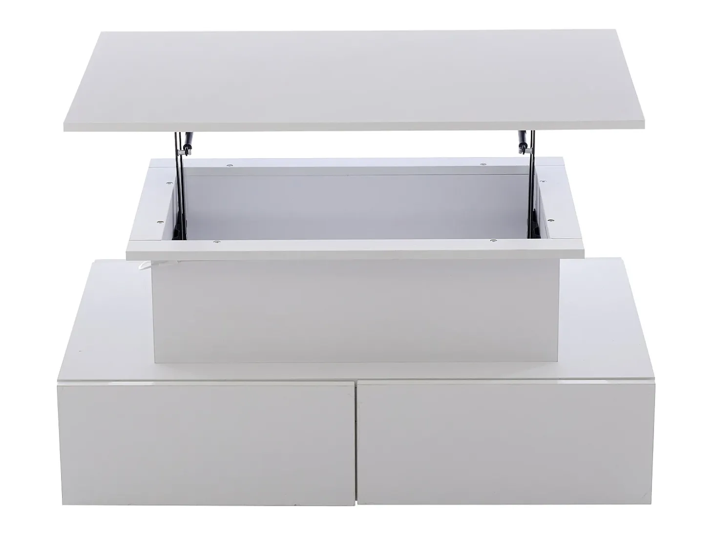 Mesa de centro elevatória 90x55x41-54cm com 4 gavetas, corpo lacado branco, LED incluído