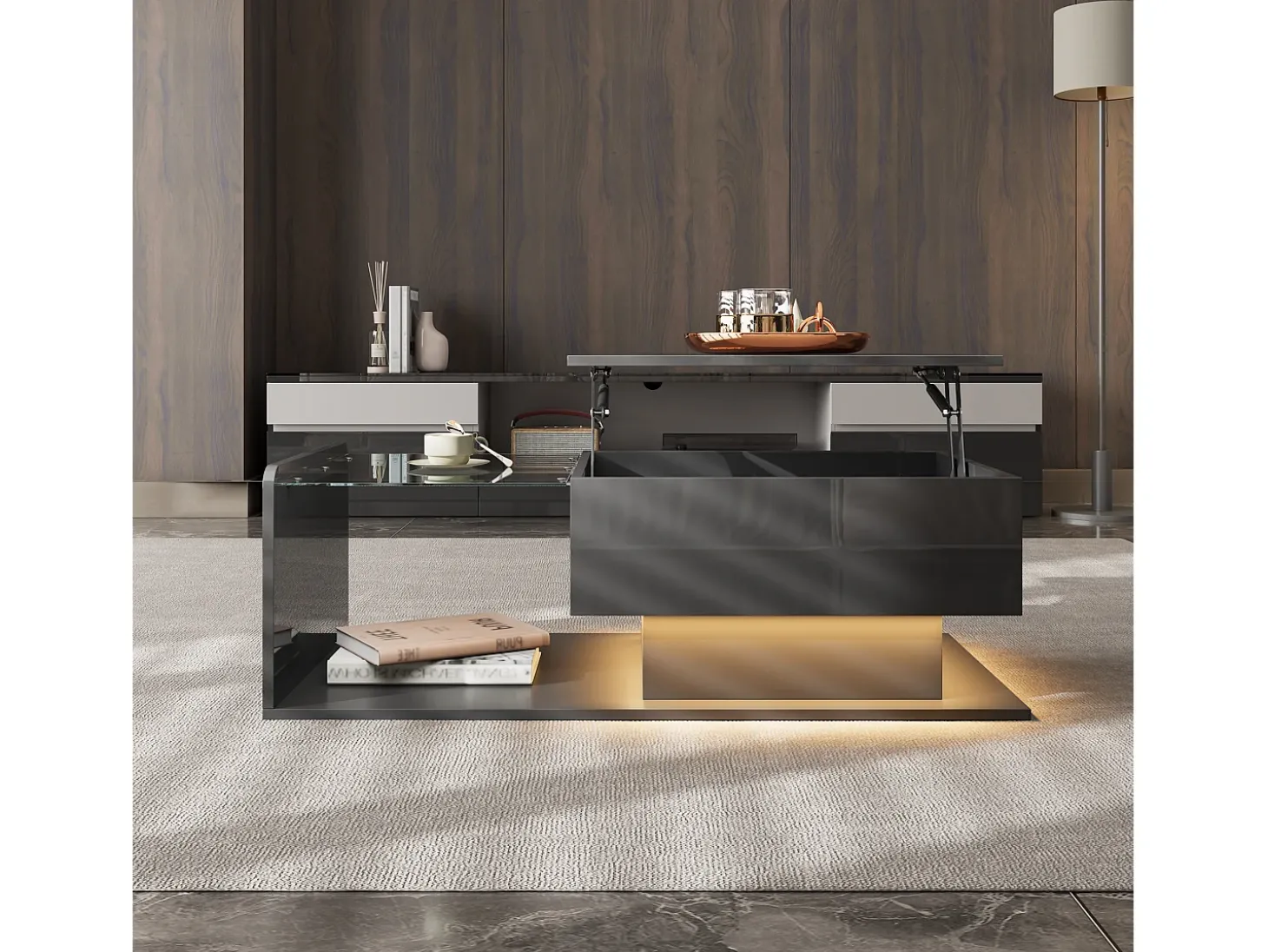 Mesa de centro elevatória preta com LED, tampo em vidro e arrumação 100x50x33/47,5cm