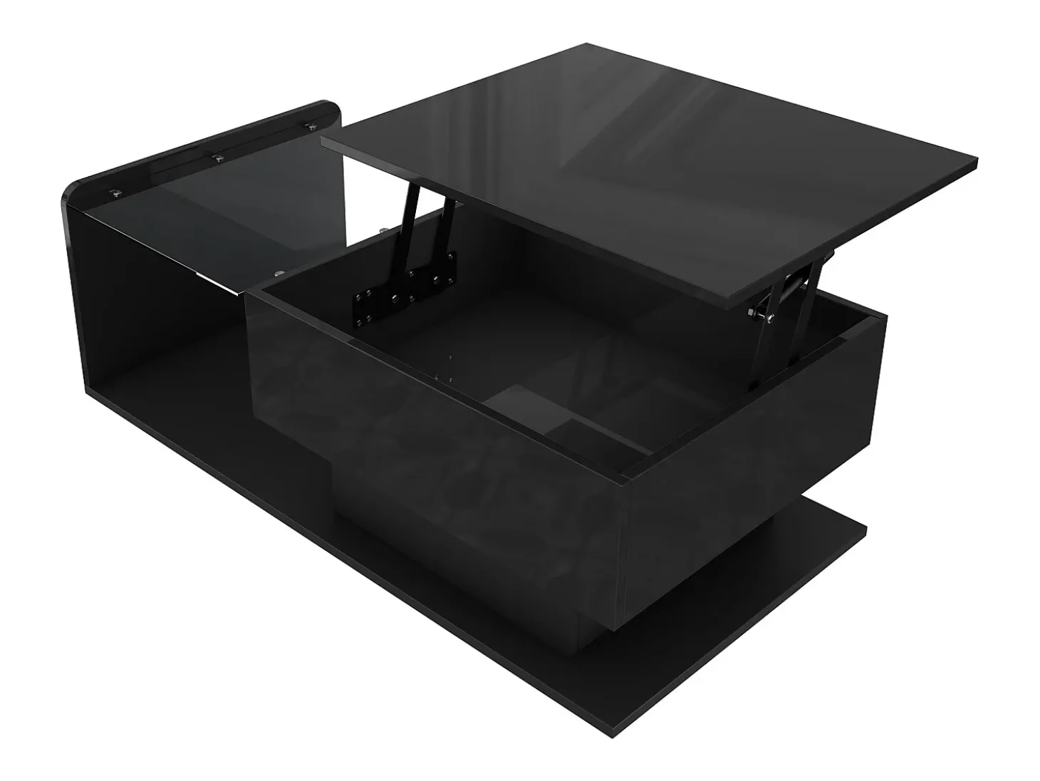 Mesa de centro elevatória preta com LED, tampo em vidro e arrumação 100x50x33/47,5cm