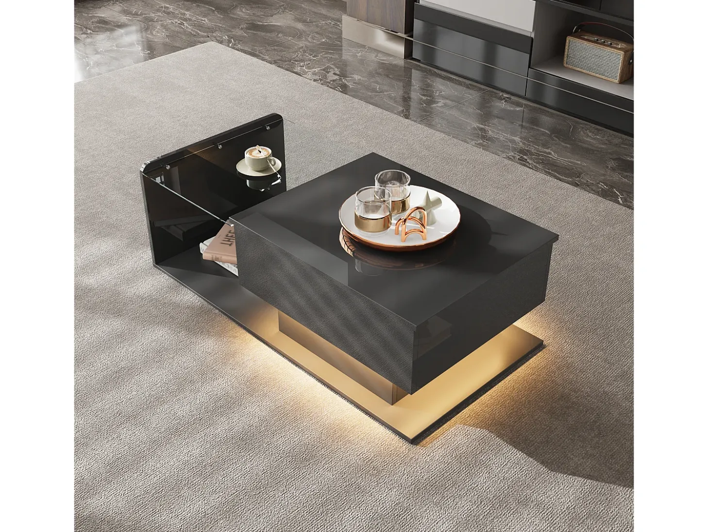 Mesa de centro elevatória preta com LED, tampo em vidro e arrumação 100x50x33/47,5cm