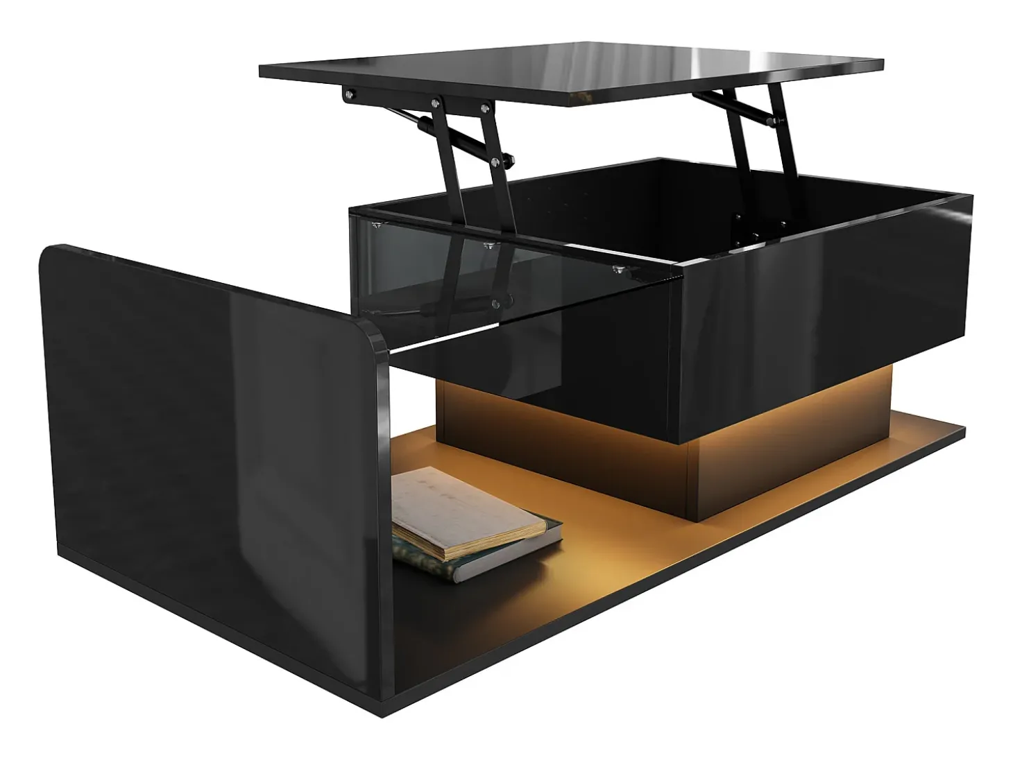 Mesa de centro elevatória preta com LED, tampo em vidro e arrumação 100x50x33/47,5cm