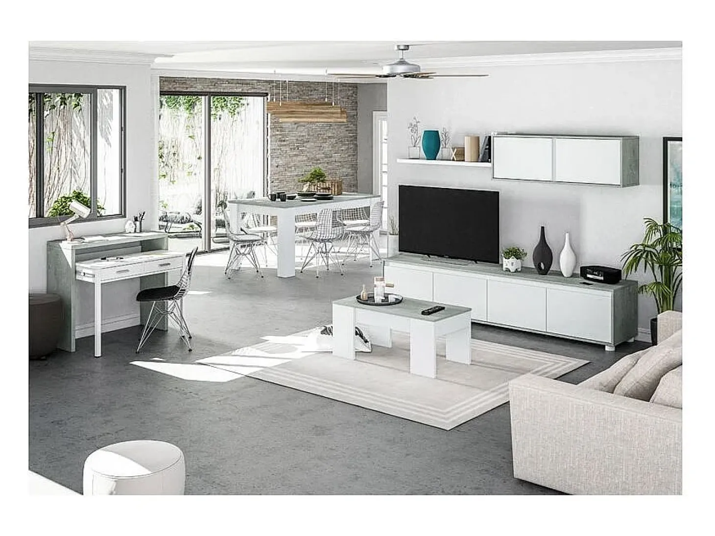 Mesa de centro elevatória Artik de cimento branco com pés de melamina, 100x50x45 cm