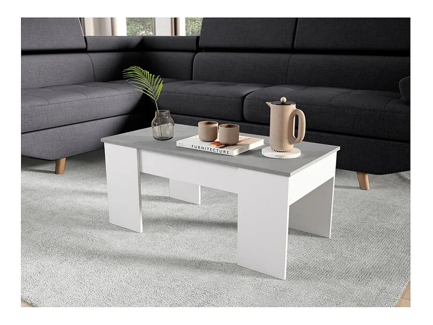 Mesa de centro elevatória Artik de cimento branco com pés de melamina, 100x50x45 cm
