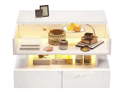 Mesa de centro elevatória 80x80x45 cm - 2 gavetas - com LED - Acabamento brilhante - Vidro temperado - Branco