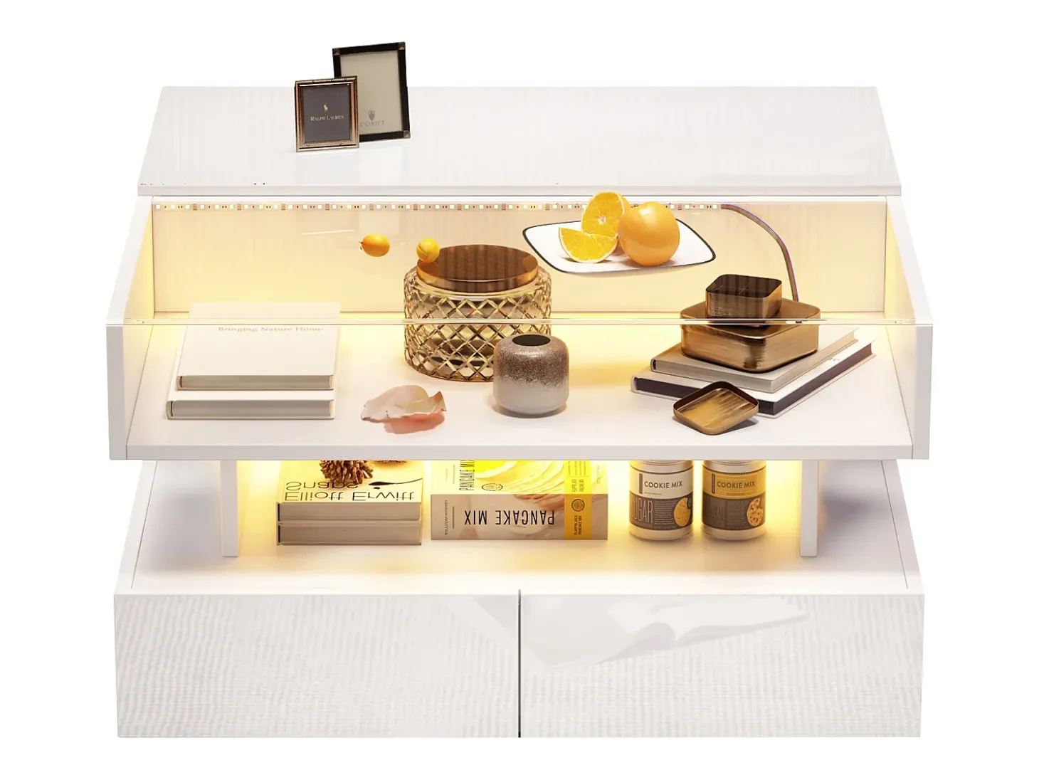 Mesa de centro elevatória 80x80x45 cm - 2 gavetas - com LED - Acabamento brilhante - Vidro temperado - Branco