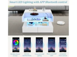 Mesa de centro elevatória 80x80x45 cm - 2 gavetas - com LED - Acabamento brilhante - Vidro temperado - Branco