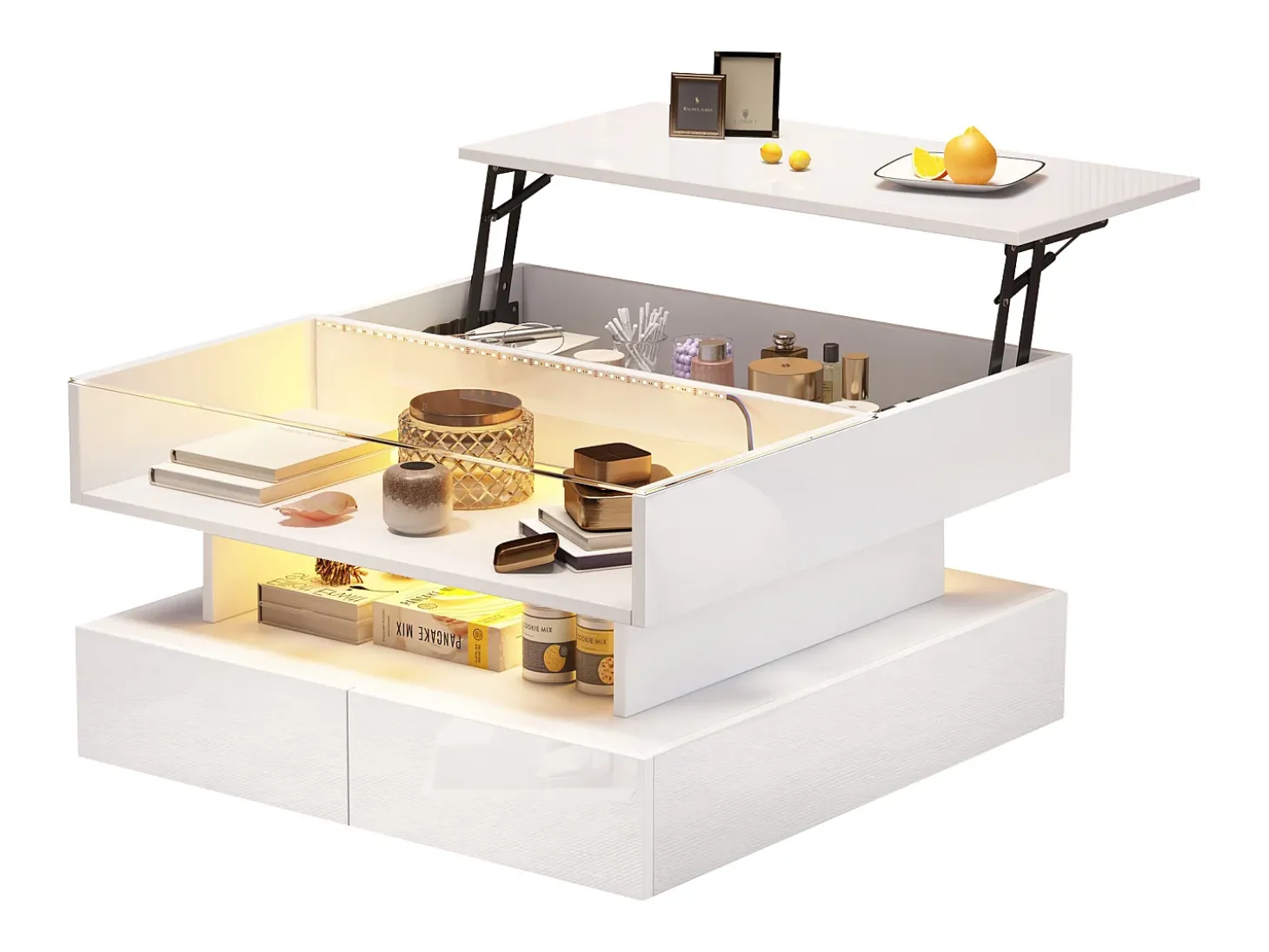 Mesa de centro elevatória 80x80x45 cm - 2 gavetas - com LED - Acabamento brilhante - Vidro temperado - Branco
