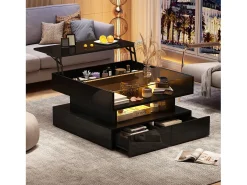 Mesa de centro elevatória 80x80x45 cm - 2 gavetas - com LED - Acabamento brilhante - Vidro temperado - Preto