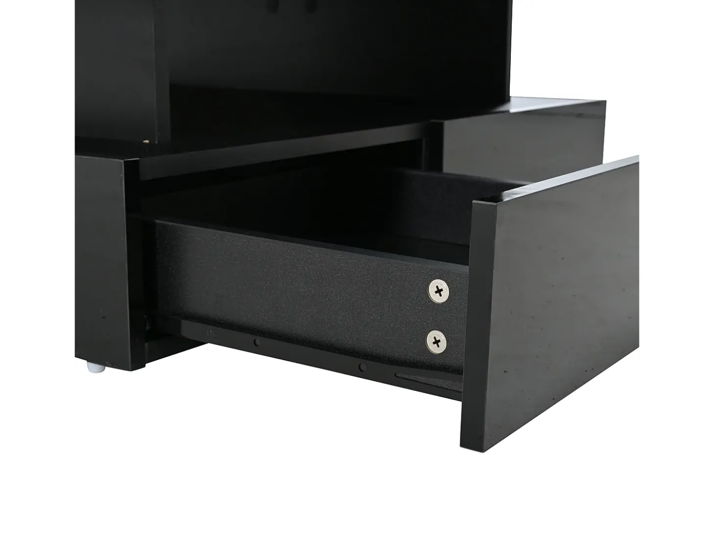 Mesa de centro elevatória 80x80x45 cm - 2 gavetas - com LED - Acabamento brilhante - Vidro temperado - Preto