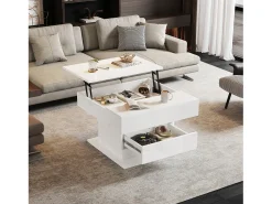 Mesa de centro elevatória 70x70x45cm - Tampos giratórios 360° - com 1 gaveta - Armazenamento oculto - Acabamento brilhante - Branco