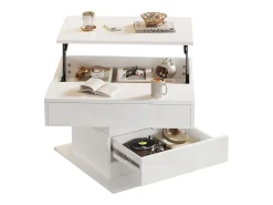 Mesa de centro elevatória 70x70x45cm - Tampos giratórios 360° - com 1 gaveta - Armazenamento oculto - Acabamento brilhante - Branco