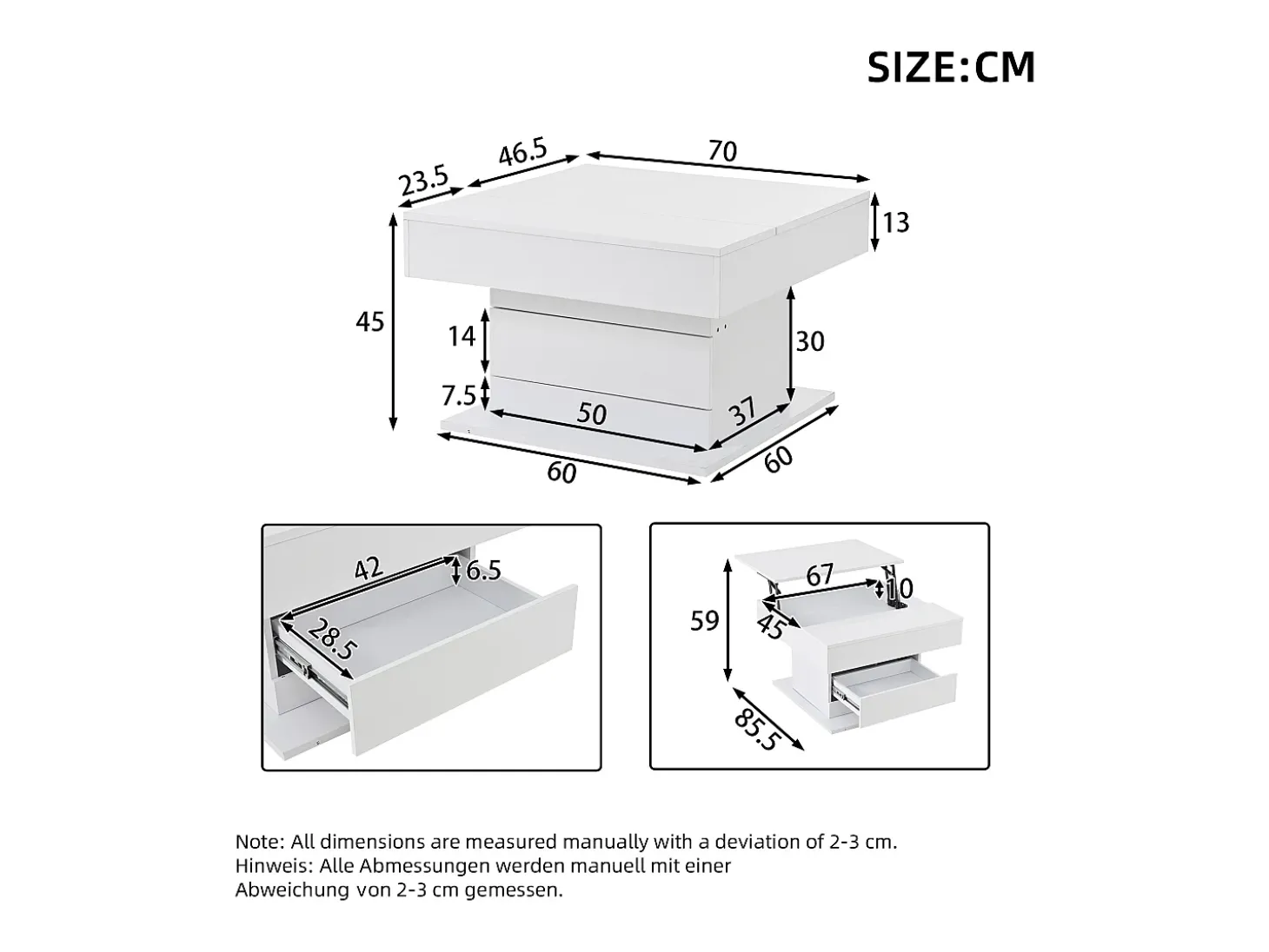 Mesa de centro elevatória 70x70x45cm - Tampos giratórios 360° - com 1 gaveta - Armazenamento oculto - Acabamento brilhante - Branco
