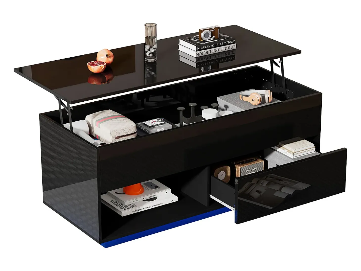 Mesa de centro elevável com LED - com arrumação - efeito brilhante - Preto