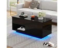Mesa de centro elevável com LED - com arrumação - efeito brilhante - Preto