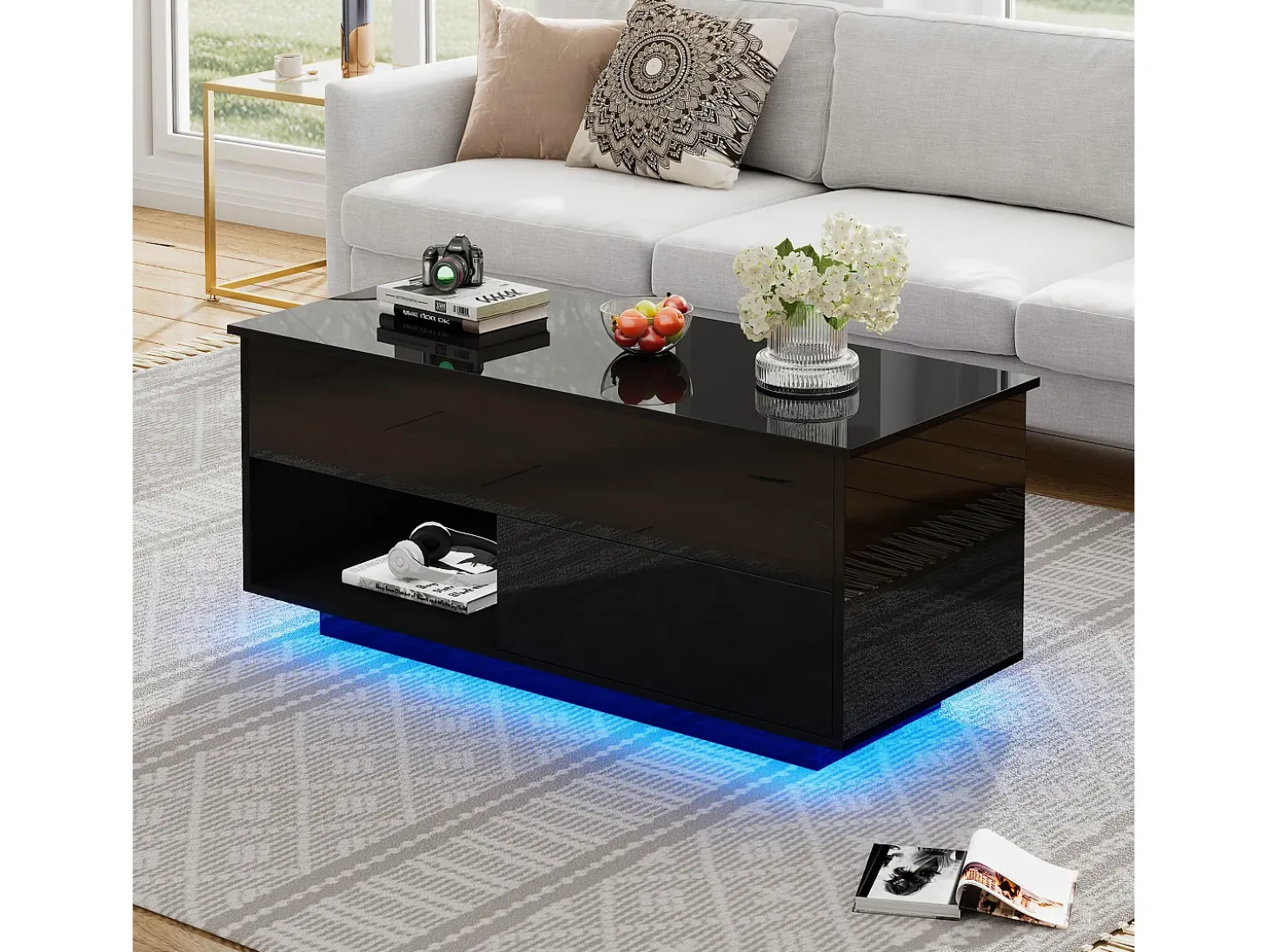 Mesa de centro elevável com LED - com arrumação - efeito brilhante - Preto