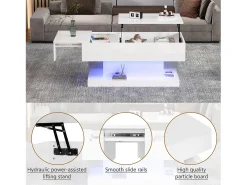 Mesa de centro elevável com LED - com espaço de arrumação e tampo semi-elevável - Branco