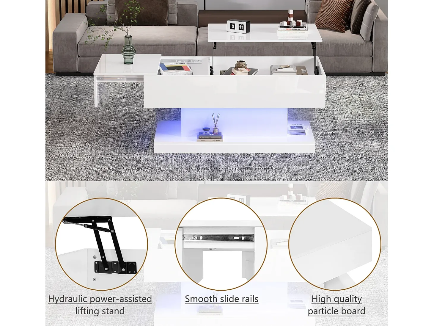 Mesa de centro elevável com LED - com espaço de arrumação e tampo semi-elevável - Branco