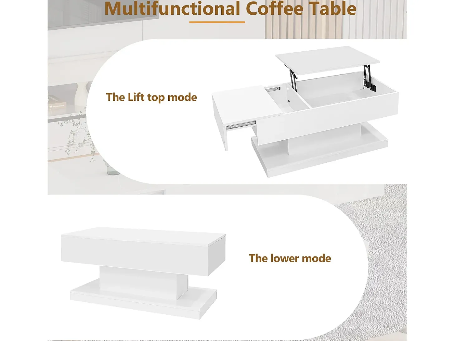 Mesa de centro elevável com LED - com espaço de arrumação e tampo semi-elevável - Branco