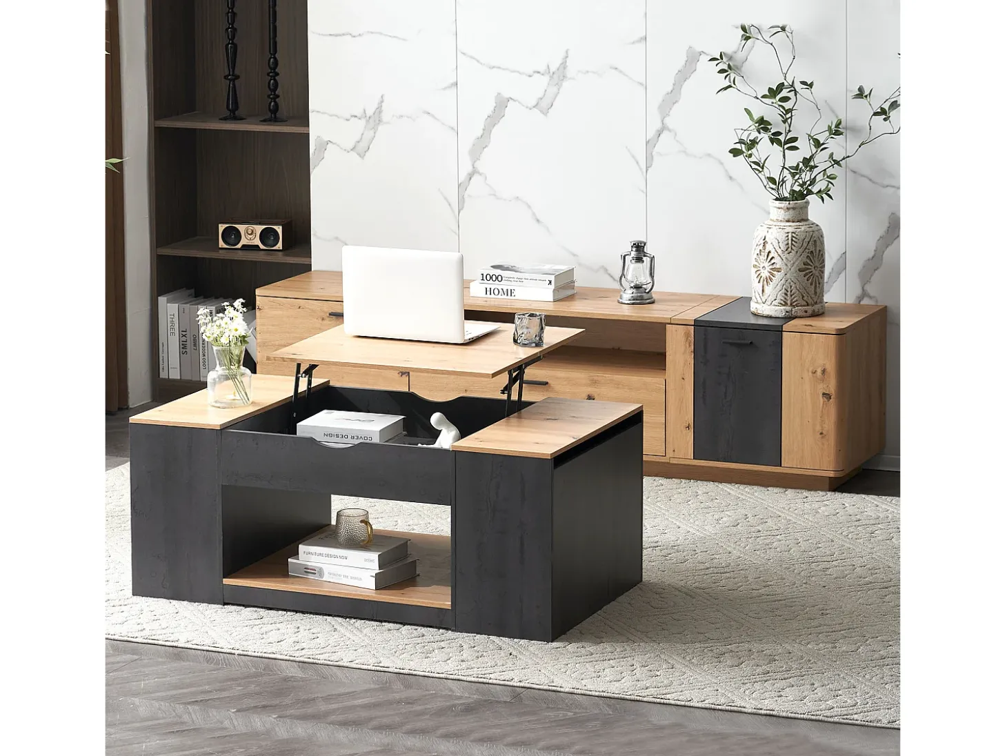 Mesa de centro elevável em MDF - com espaço de arrumação por baixo da mesa - Cinzento