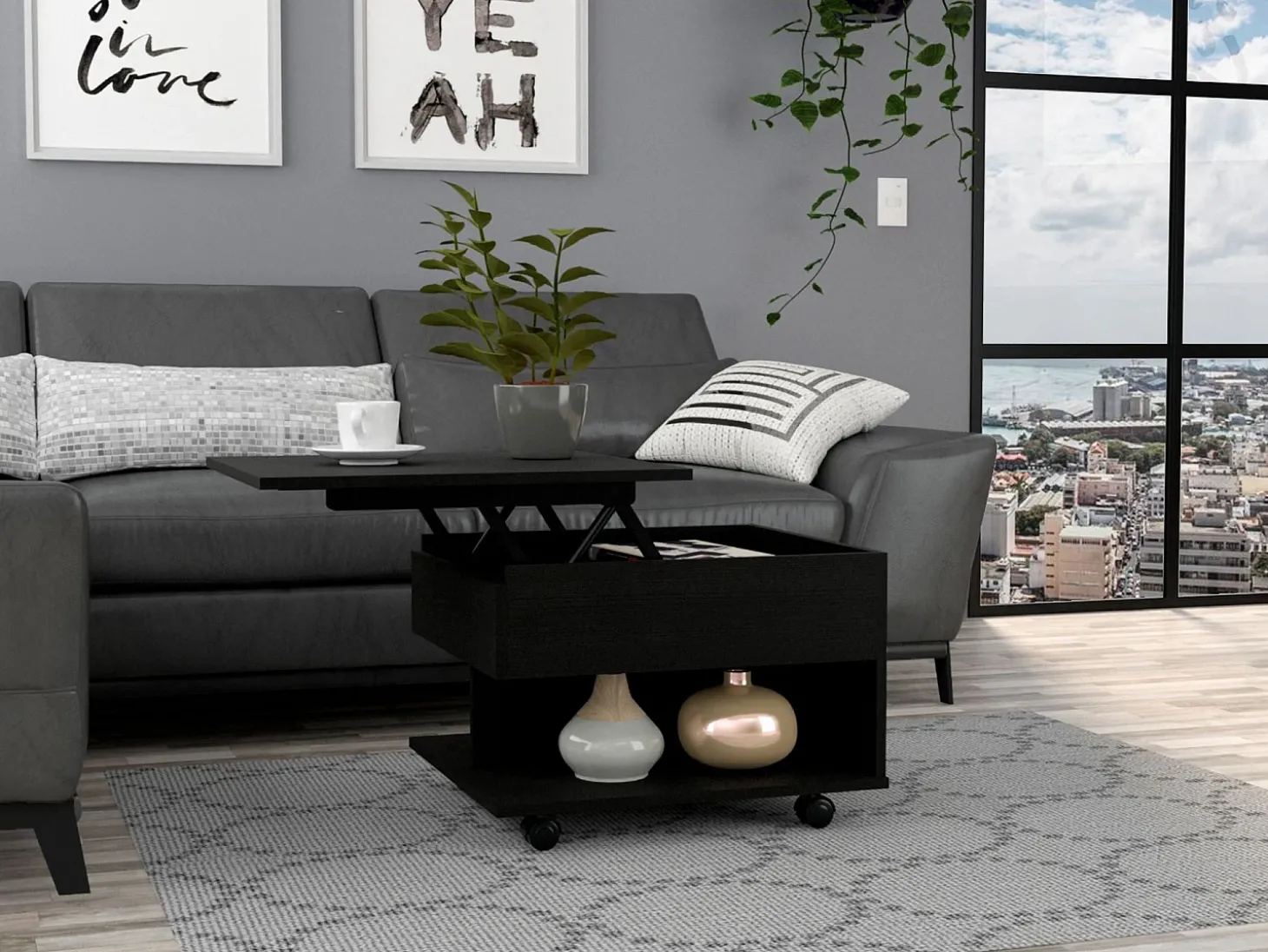Mesa de centro elevável Luanda, com rodízios, 38.86 cm X 54.86 cm X 49.78 cm , Preto