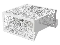 Mesa de centro em alumínio, design aberto e geométrico prateado