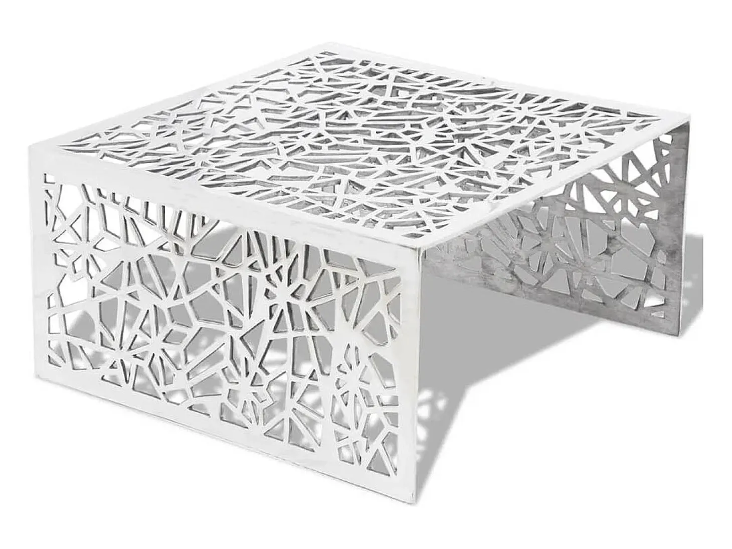Mesa de centro em alumínio, design aberto e geométrico prateado