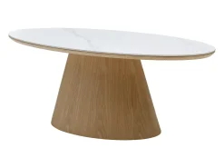 Mesa de centro em cerâmica e MDF - Efeito mármore branco e natural claro - ANTELADA
