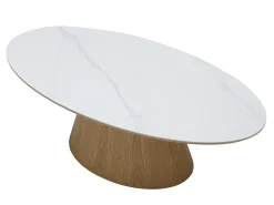 Mesa de centro em cerâmica e MDF - Efeito mármore branco e natural claro - ANTELADA