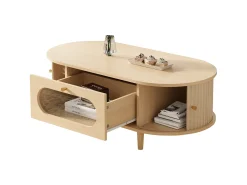 Mesa de centro em madeira com efeito de madeira 100x50x36 cm - 1 gaveta e 2 portas de correr - MDF - Natural