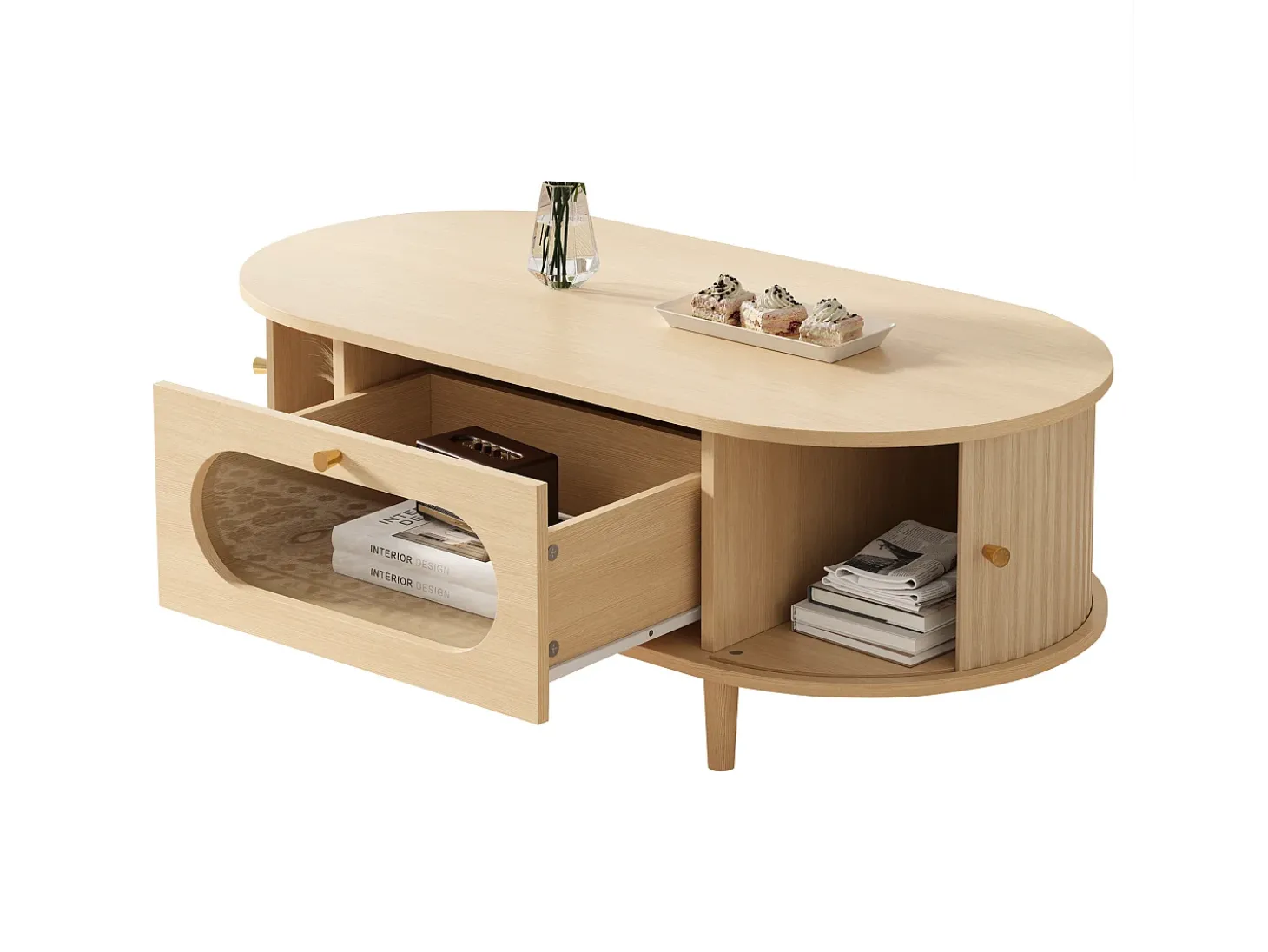 Mesa de centro em madeira com efeito de madeira 100x50x36 cm - 1 gaveta e 2 portas de correr - MDF - Natural