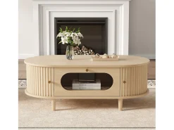 Mesa de centro em madeira com efeito de madeira 100x50x36 cm - 1 gaveta e 2 portas de correr - MDF - Natural