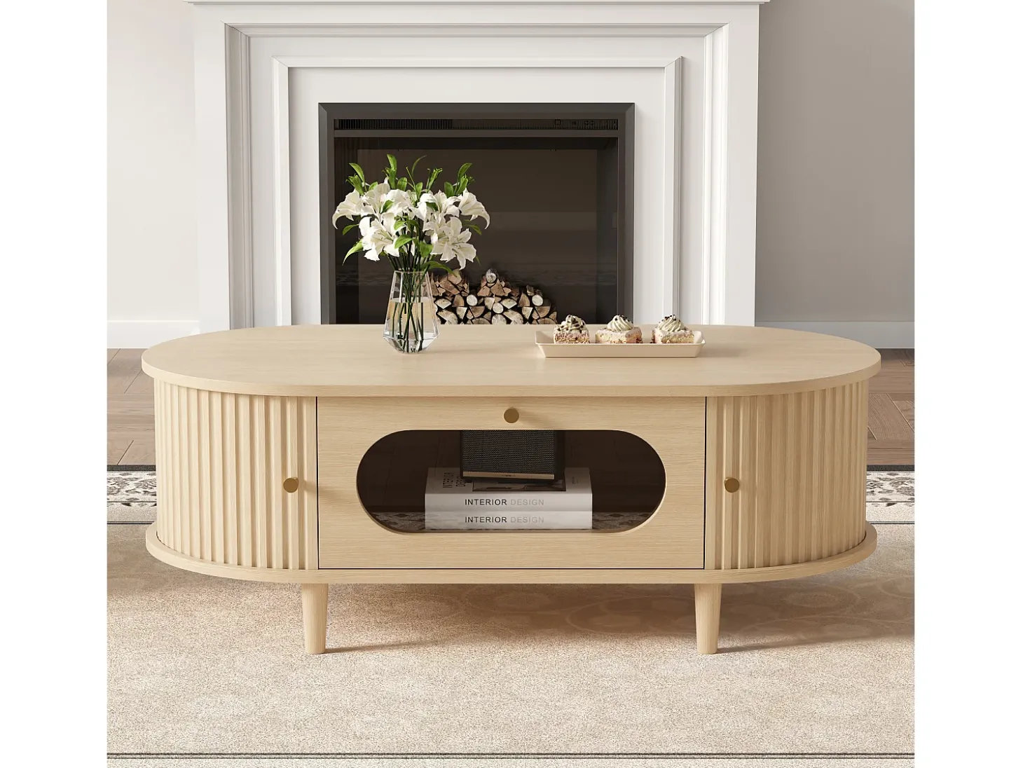 Mesa de centro em madeira com efeito de madeira 100x50x36 cm - 1 gaveta e 2 portas de correr - MDF - Natural