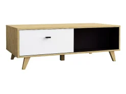 Mesa de centro em madeira natural com gaveta SKADI - Design escandinavo, branco e madeira clara, espaço de arrumação