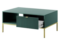Mesa de centro em madeira laminada com pés em metal dourado 104x68 cm