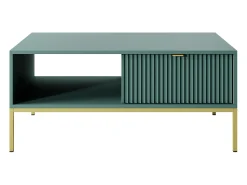 Mesa de centro em madeira laminada com pés em metal dourado 104x68 cm