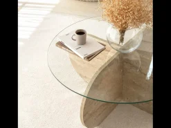 Mesa de Centro em Madeira com Efeito Pedra Vidro RIBE Moderna Elegante com Arrumação