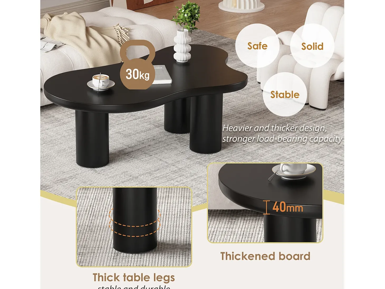 Mesa de centro em MDF e PVC - tampo irregular em forma de nuvem - Preto