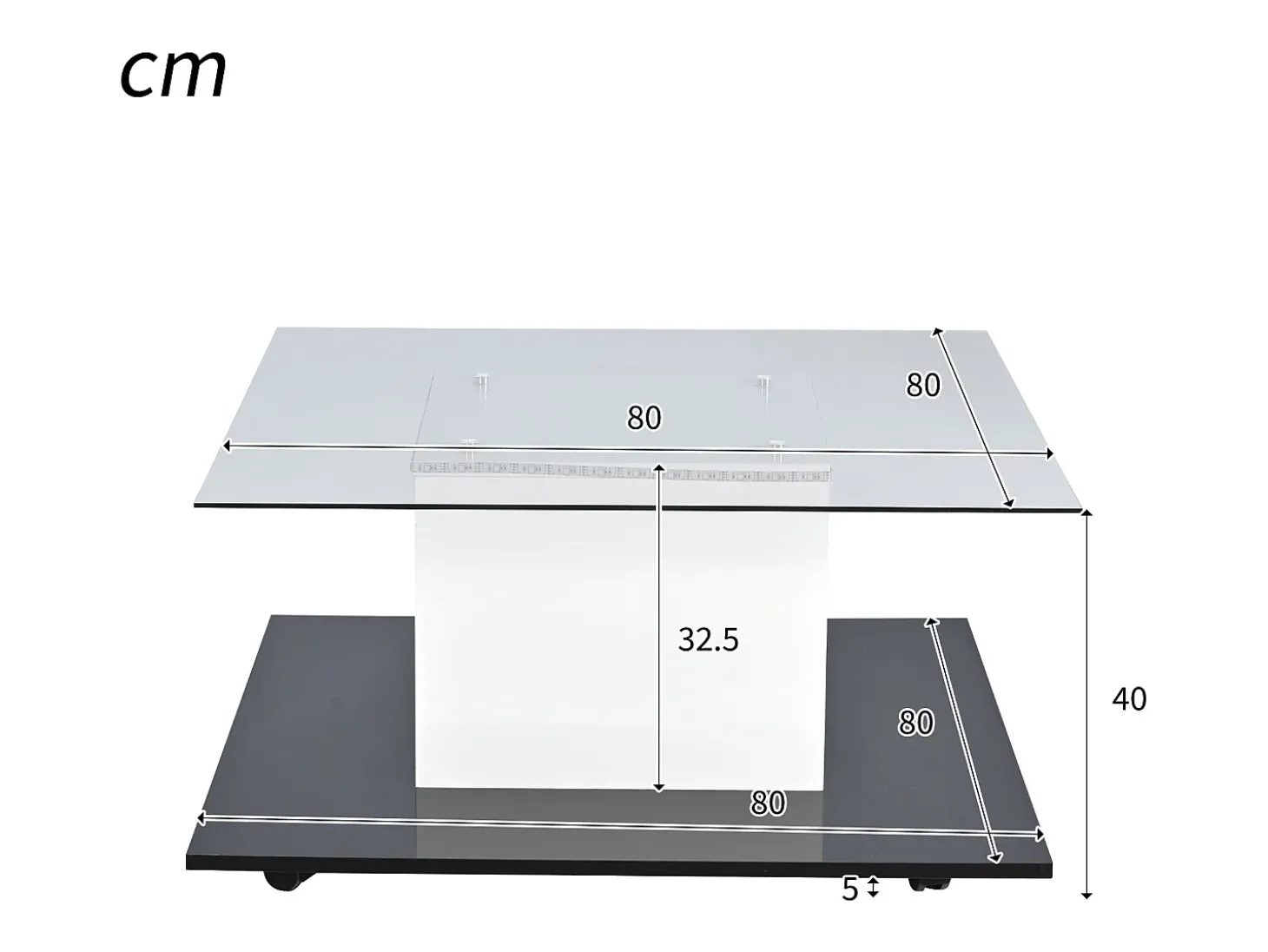 Mesa de centro em vidro brilhante com iluminação LED e rodízios - Branca e preta 80x80x40cm